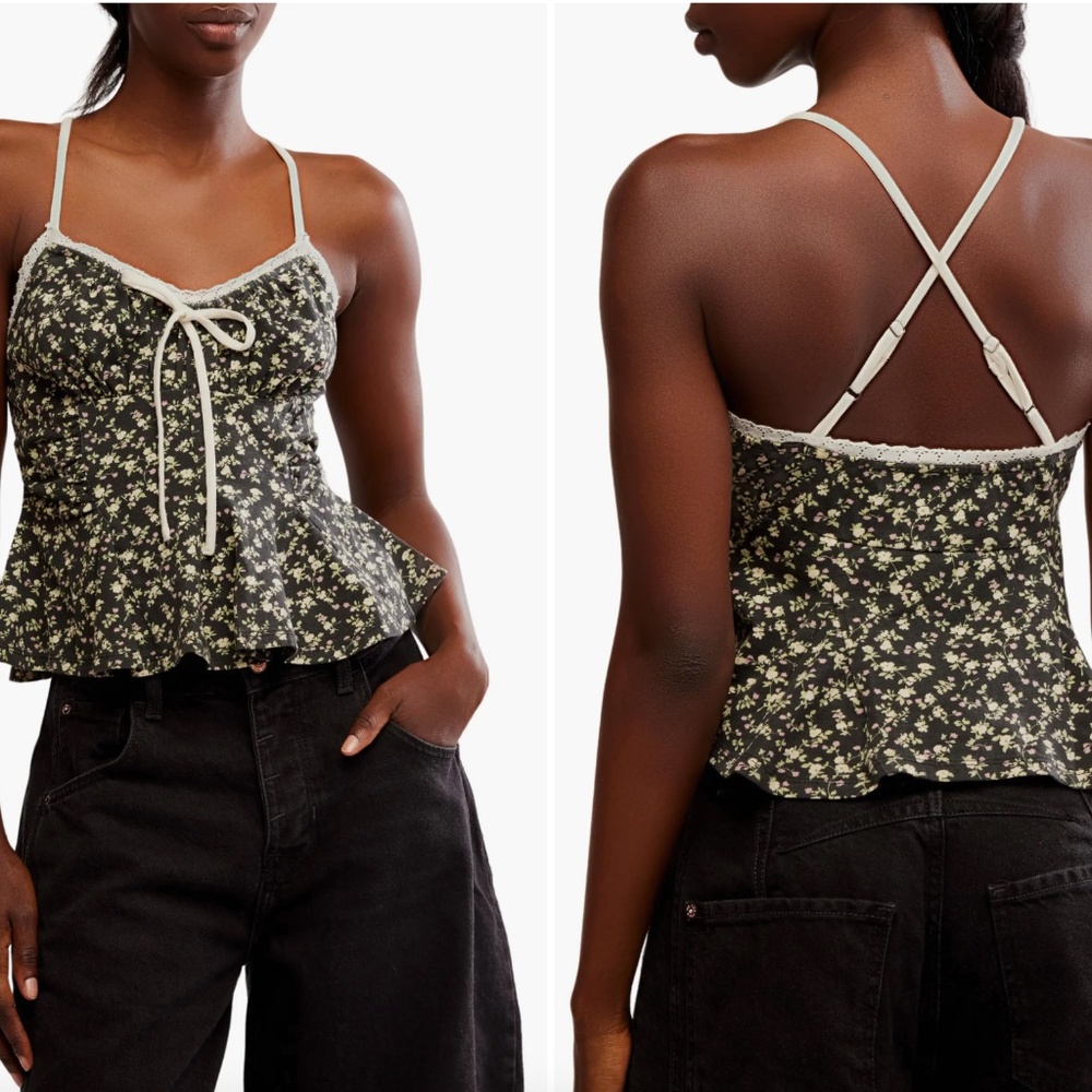 Free People Floral Tie Front Peplum Cami Top Size L NWT